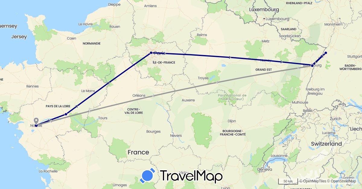 TravelMap itinerary: driving, plane in Germany, France (Europe)